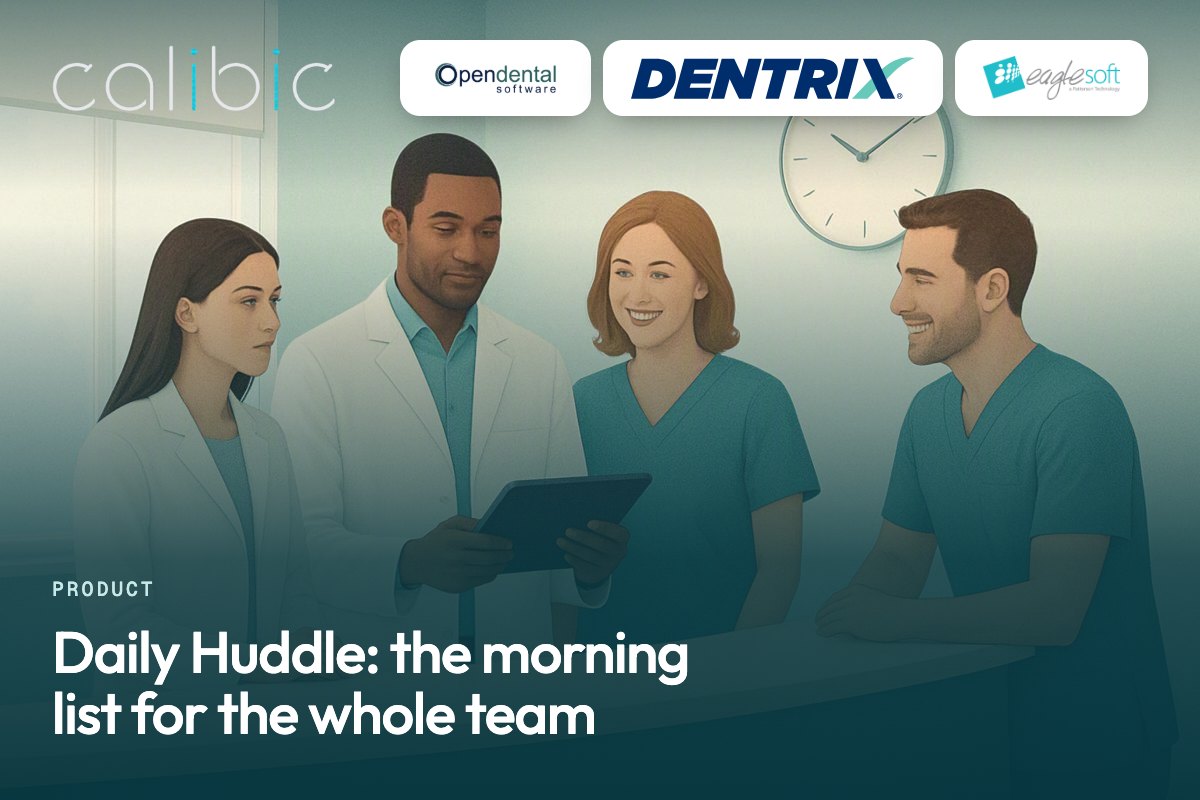 A dental team gathered around a reception counter at 7:45 in the morning, looking at one tablet